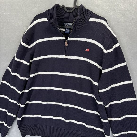 VTG Ralph Lauren Polo Jeans Co Striped 1/4 Zip Pullover Sweater RL Flag Size XL - Picture 1 of 10